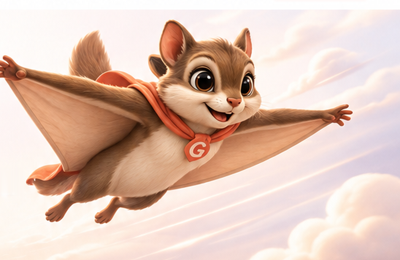 Glydie the flying squirrel gliding through a warm sky